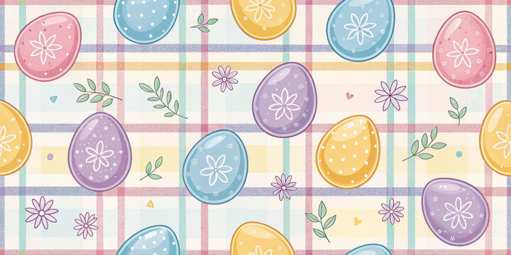 Easter egg pattern with pastel colors and floral elements on seamless plaid background, creating cheerful and festive spring design