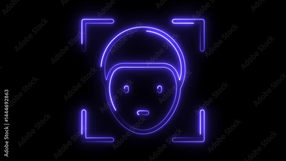 Poster neon style face scanning animation on black background high tech facial recognition technology for s