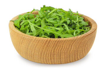 Heap of green fresh rucola or arugula leaf in wooden bowl isolated on white background