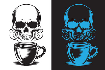Skull with Coffee Cup Art – Edgy Modern Design,
Dark and Light Versions – High Contrast Illustration,
Perfect for Tattoos, Stickers, Posters, and Apparel .
