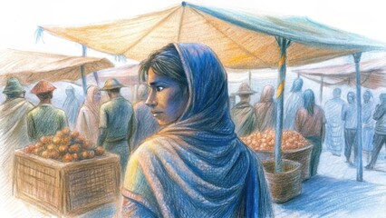 Woman gazing thoughtfully in a crowded market scene  