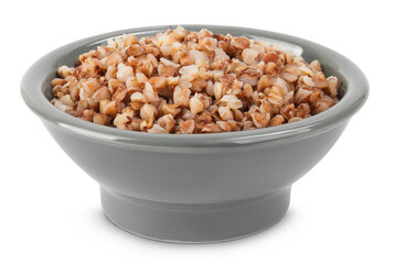 Boiled buckwheat in a ceramic bowl isolated on white background