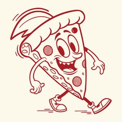 Cartoon Pizza Slice Walking, Happy Face, Red Outlines, Food Character, Isolated Design