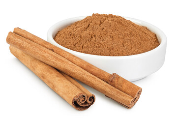Cinnamon sticks with powder in ceramic bowl isolated on white background with full depth of field