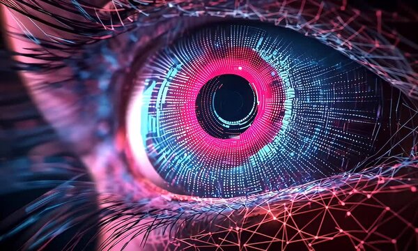 Close-up of an eye with digital network overlay.