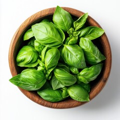 Basil in wooden bowl isolated on white background
