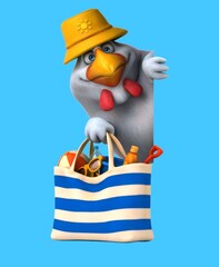 Fun 3D cartoon chicken with a beach bag