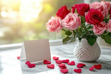 Roses bouquet and blank greeting card for message