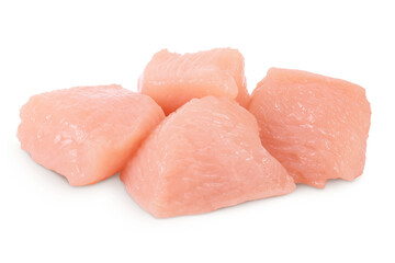 Raw diced chicken fillet isolated on white background with full depth of field.