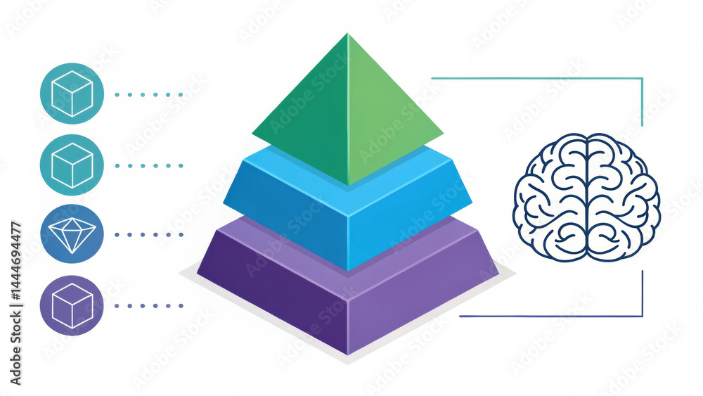 Poster three dimensional pyramid infographic with four colored layers and icons on left, brain illustration