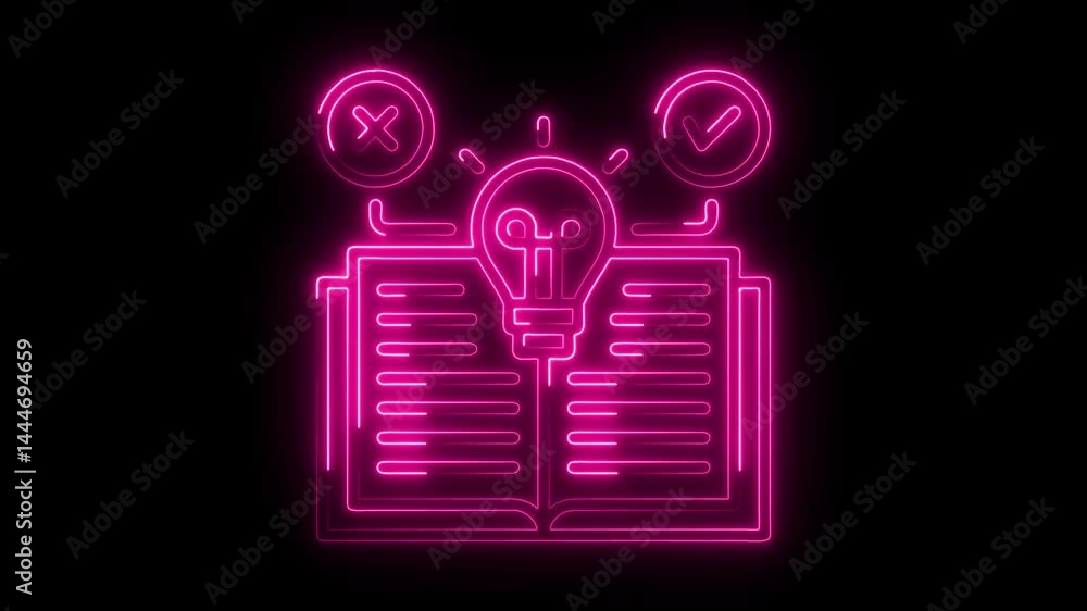 Aufkleber neon open book with lightbulb idea and check marks animated illustration on black background depicti