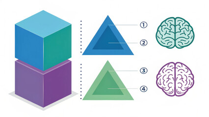 Obraz premium Two colorful cubes stacked with numbered blue and green triangles and brain icons, representing abstract concepts and cognitive processes in clean design