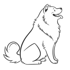 Cute Samoyed Dog Line Art Isolated, Sitting Pose, Breed Pet, Fluffy Tail, Smiling