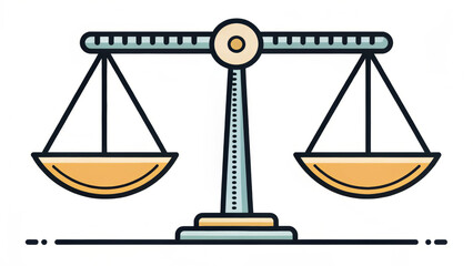 Balance scale icon with one side heavier, simple design with yellow pans and blue gray frame, symbolizing justice and measurement in clean style