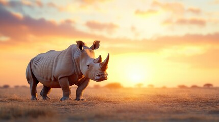 Fototapeta premium Majestic rhino at sunset in African savanna