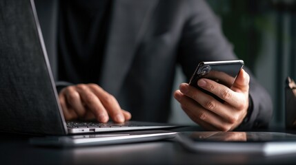 Close-up of a businessman holding a smartphone while using a laptop at his desk in the office. Close-up of hands with a phone and computer on the table, a business concept