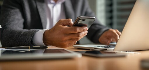 Close-up of a businessman holding a smartphone while using a laptop at his desk in the office. Close-up of hands with a phone and computer on the table, a business concept