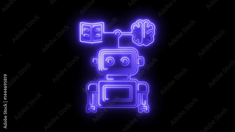 Poster neon glowing robot learns with book and brain illustration on black background