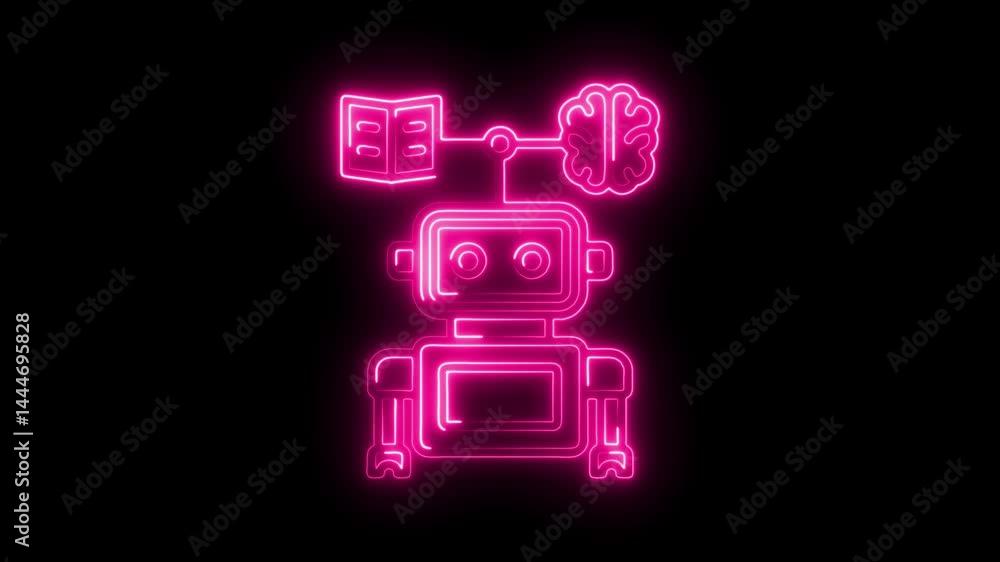 Poster artificial intelligence learning pink neon robot with brain and book symbolizing knowledge education