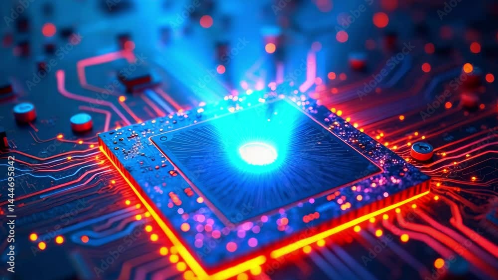 Aufkleber close-up view of a glowing microchip with vibrant circuitry, illustrating advanced technology in act