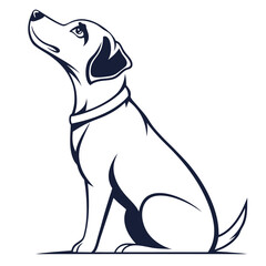 Black Outline Labrador Retriever Sitting, Looking Up, Dog Collar, White Background