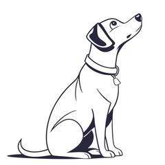 Minimalist Line Art Dog Sitting Upright with Collar Looking Up, On White Background