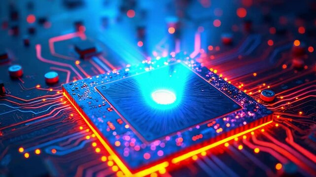 Close-up view of a glowing microchip with vibrant circuitry, illustrating advanced technology in action