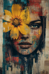 Female portrait with yellow flower and paint texture