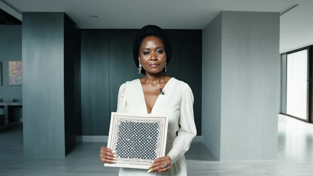 Nigerian woman in iro and buba walks confidently, facing the camera, in a modern home, holding a piece of art, key light, dolly zoom out video