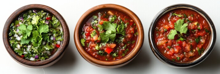 Trio of salsa bowls with fresh garnishes