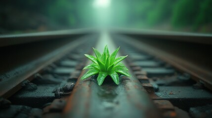 Sprout emerges rail tracks converge nature persists