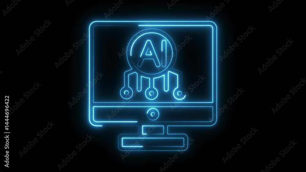 Poster neon artificial intelligence glowing on computer screen animation technology concept