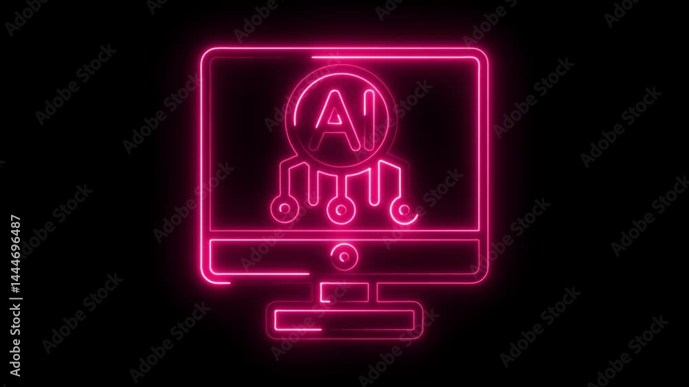 Poster artificial intelligence neon icon on computer screen glow