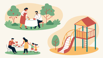 Summer outdoor leisure flat illustration families picnicking and kids playing at a park playground