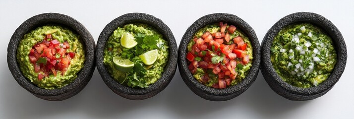 Four guacamole bowls with toppings and lime