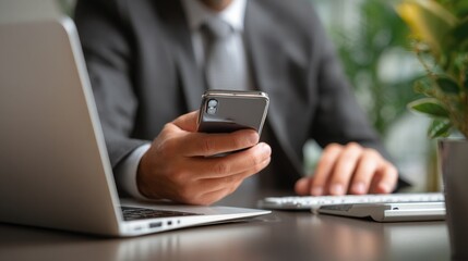 Close-up of a businessman holding a smartphone while using a laptop at his desk in the office. Close-up of hands with a phone and computer on the table, a business concept