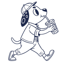 Cartoon Dog Running with Bubble Tea, Cap, Outfit, Outline Style, Pet Character Design