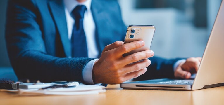 Close-up of a businessman holding a smartphone while using a laptop at his desk in the office. Close-up of hands with a phone and computer on the table, a business concept