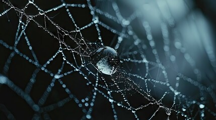 Close-up view of a spiderweb with water droplets.