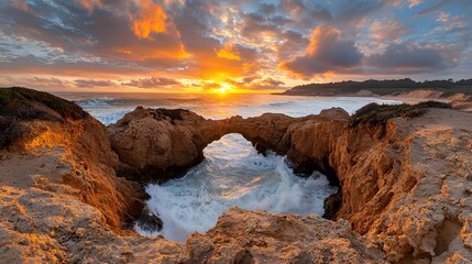 Fototapeta premium Ocean Archway Sunset Vibrant Waves Crashing on Rocky Coast