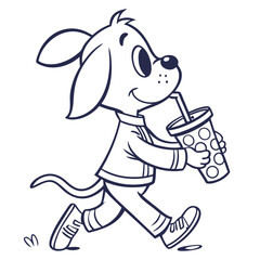 Cartoon Line Art of Dog Walking and Drinking Beverage From Polka Dot Cup With a Straw