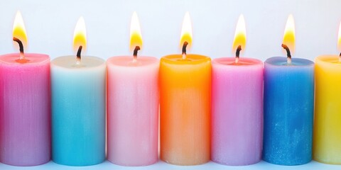 Rainbow candles burning with soft glow
