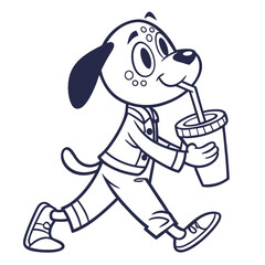 Cute Cartoon Dog Character Walking and Drinking Beverage with Straw in Outline Style