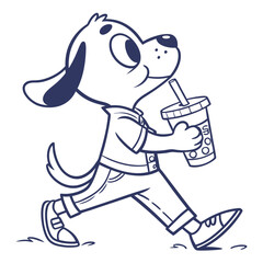 Cartoon Dog Walking, Holding Drink Cup With Straw, Wearing Clothes, Line Art Style