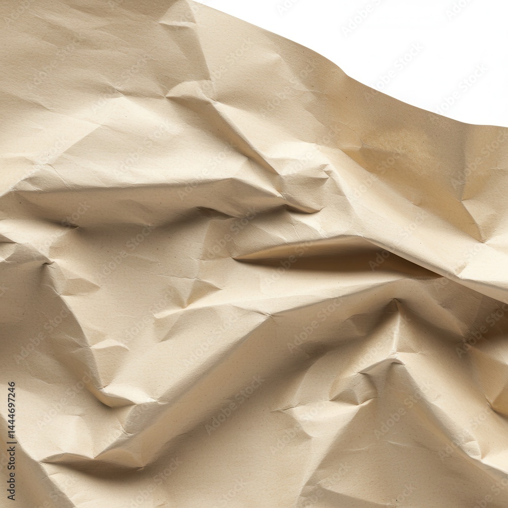 Poster close up of crumpled light brown paper showing texture and shadows on a white background surface