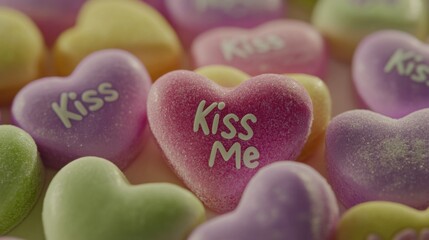 Close-up of pastel candy hearts with love messages