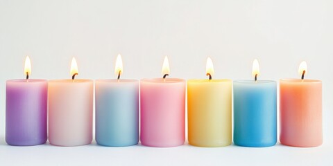 Multicolor candles lined up with flames