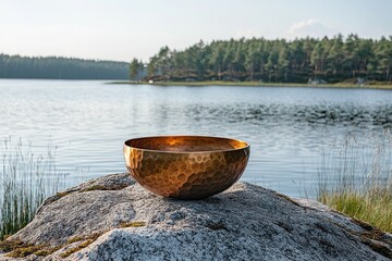 A hammered copper bowl rests on a rock by a tranquil lake, surrounded by a serene forest landscape