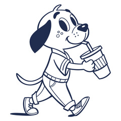 Monochrome Cartoon Dog Walking & Sipping from Cup with Straw, Line Art Design