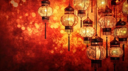 Chinese lanterns glowing on festive orange bokeh